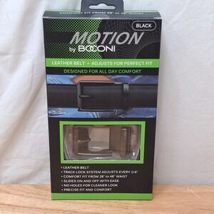 NEW Motion By BOCONI Mens Black Leather Track Lock Adjustable Belt Sz 28" to 48"